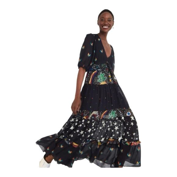 Farm Rio size small mixed stardust maxi dress Celestial Black chickens tiered